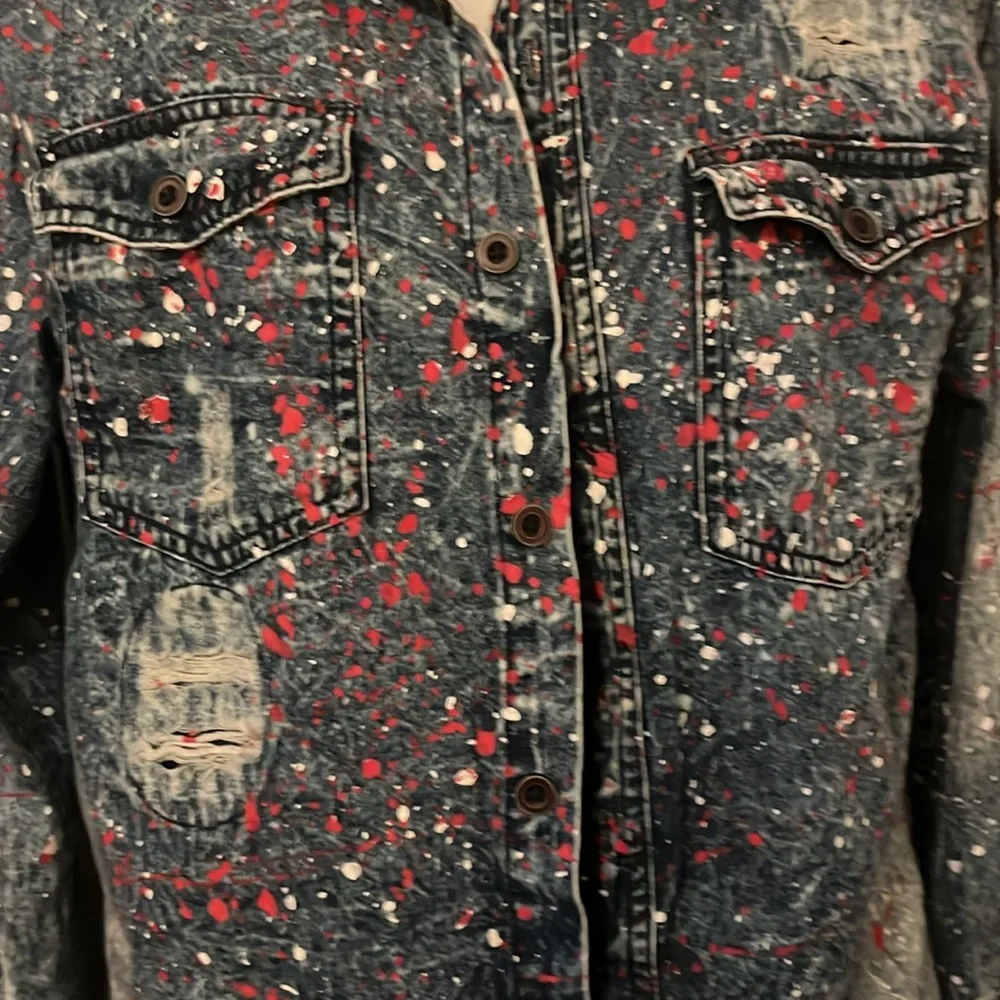 Carbon Distressed Blue Denim Mens Long Sleeve Button Down Paint Splatter Shirt